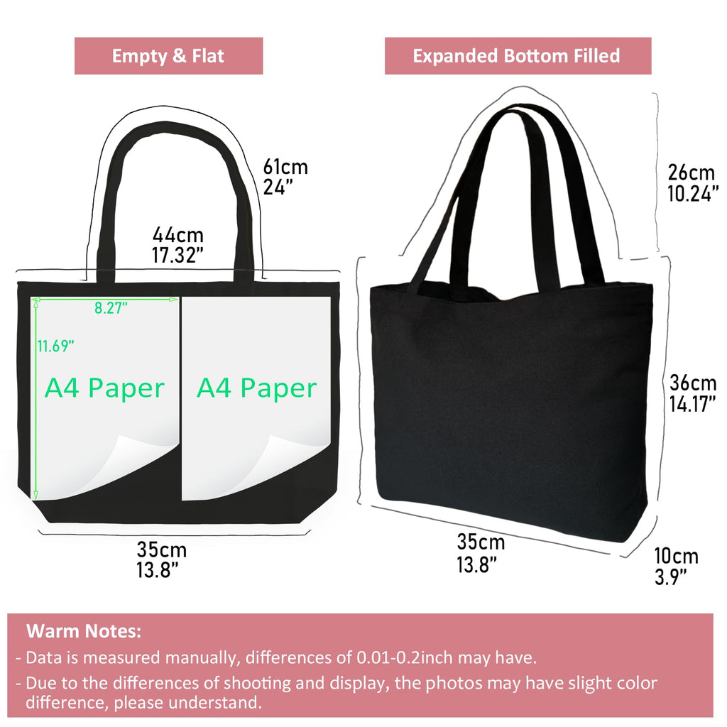 Koolmox Black Canvas Tote Bag with Zipper, 6-Pack 17x14x3.9'' 12Oz Thick Canvas Bag with Handles and Flat Bottom, Women Men Grocery Shopping Bags Cotton Totes Sublimation Totes to Customize