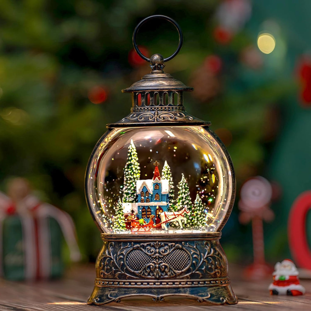 Regine Switzerland Christmas Snow Globe - Musical Water Lantern with Timer & USB/Battery Operated | Blue Church Design
