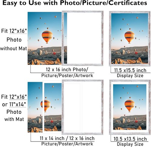 JCJMY Rustic White Picture Frame - 12x16 with 11x14 Mat | Wall Hanging Display for Photos