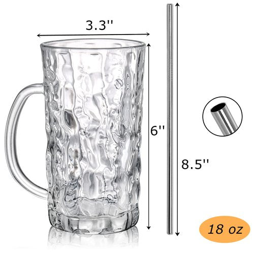 Lyellfe Set of 6 Glass Beer Mug, 18 Oz Large Beer Glasses with Handle Straw, Solid Clear Drinking Glassware Beer Cups for Freezer, Great for Cocktail, Juice, Soda, Beer, Whiskey, Beverage