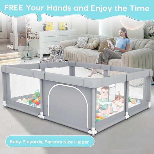 Fshibila Baby Playpen - Sturdy Indoor & Outdoor Safety Play Yard with Soft Mesh - 50x50x27 inches Grey