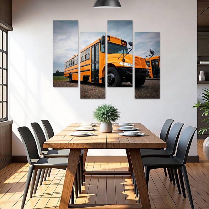 4 Panel Yellow School Bus School buss and Pictures Canvas Wall Art Ocean Oil Painting Animal Prints City Poster Flower Pictures Home Wall Decoration for Artwork