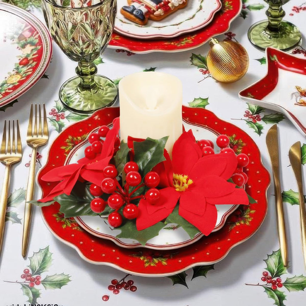 Regine Switzerland Christmas Candle Rings - Artificial Poinsettia & Red Berry Decor | Mini Table Centerpieces