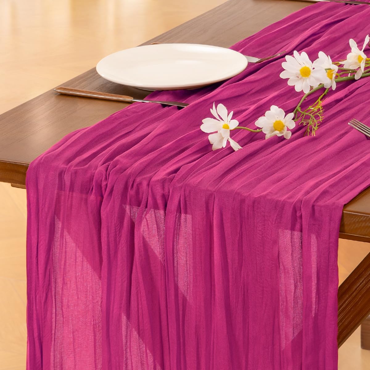 Socomi Hot Pink Cheesecloth Table Runner - 120 Inch Fuchsia Boho Rustic Decor for Weddings & Events