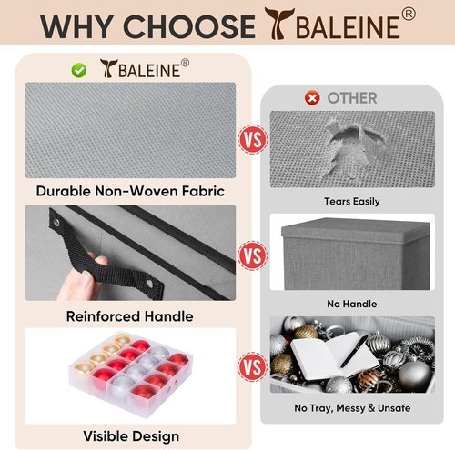 BALEINE Christmas Ornament Storage Box - Premium Container with Dividers for 64 Balls | Grey Hard Design