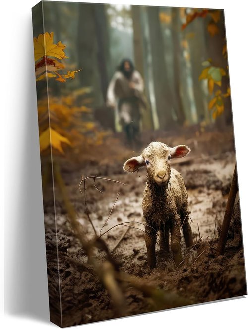 Jesus Wall Art | Large Canvas Print of Jesus Running After Lost Lamb | 24” x 36” Home Decor
