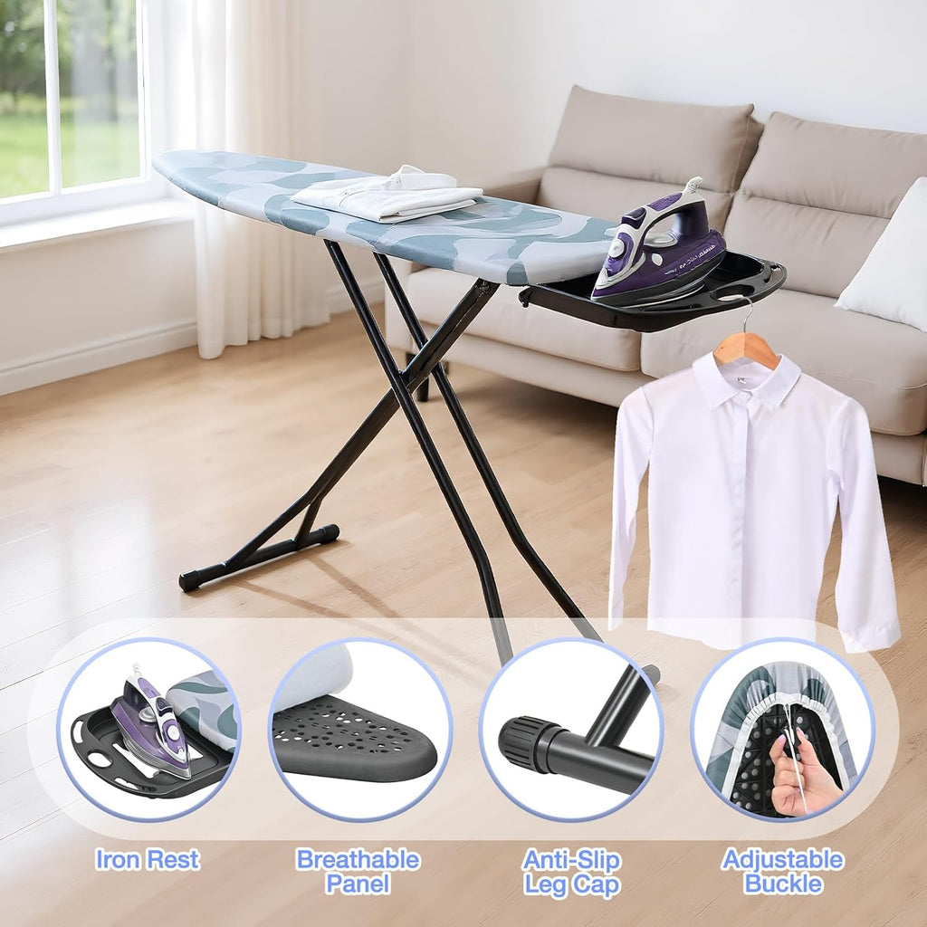 APEXCHASER Full-Size Foldable Ironing Board - Heat Resistant Cover & 7-Lever Height Adjustment | Blue 14x54