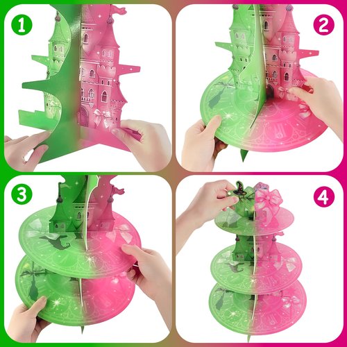 Lukniuo Witch Cupcake Stand 3Tier Witch Birthday Party Cake Stand Pink and Green Cupcake Stands Witches Dessert Tower Holder for Green Pink Birthday Party Cake Table Dessert Tower Decorations ﻿