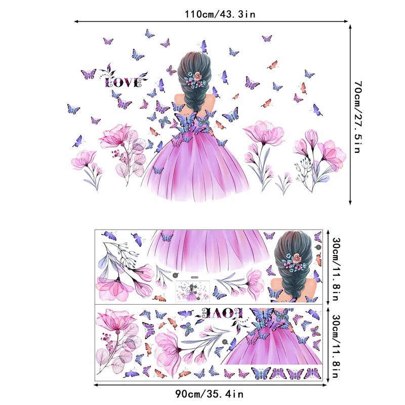 Butterfly Girl Wall Stickers Flower Fairy Wall Decal Pink Floral Wallpaper Colorful Butterflies DIY Removable Vinyl Wall Art for Girls Baby Nursery Bedroom