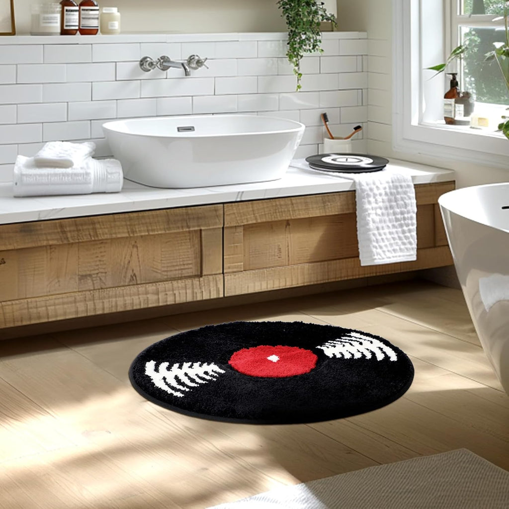 Skiennix Vinyl Record Bath Mat - Retro Non-Slip Washable Rug | Funny Music Theme Decor, 23.5" Black & White