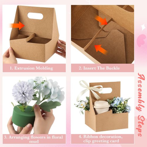 Reallnaive 18 Pack Mother's Day Gift 4 Cup Drink Carrier with Handle Floral Foam Set Kraft Coffee Carrier Holder Green Round Flower Foam Gift Cards for Teacher's Day Appreciation Party Favors
