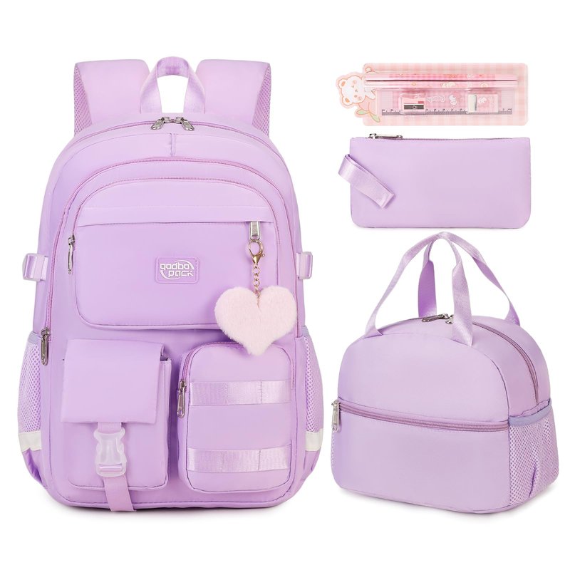 qodbopack 3PCS Student Backpack For School Women College Middle High Teen Girls Bookbag Waterproof Laptop Bag Purple