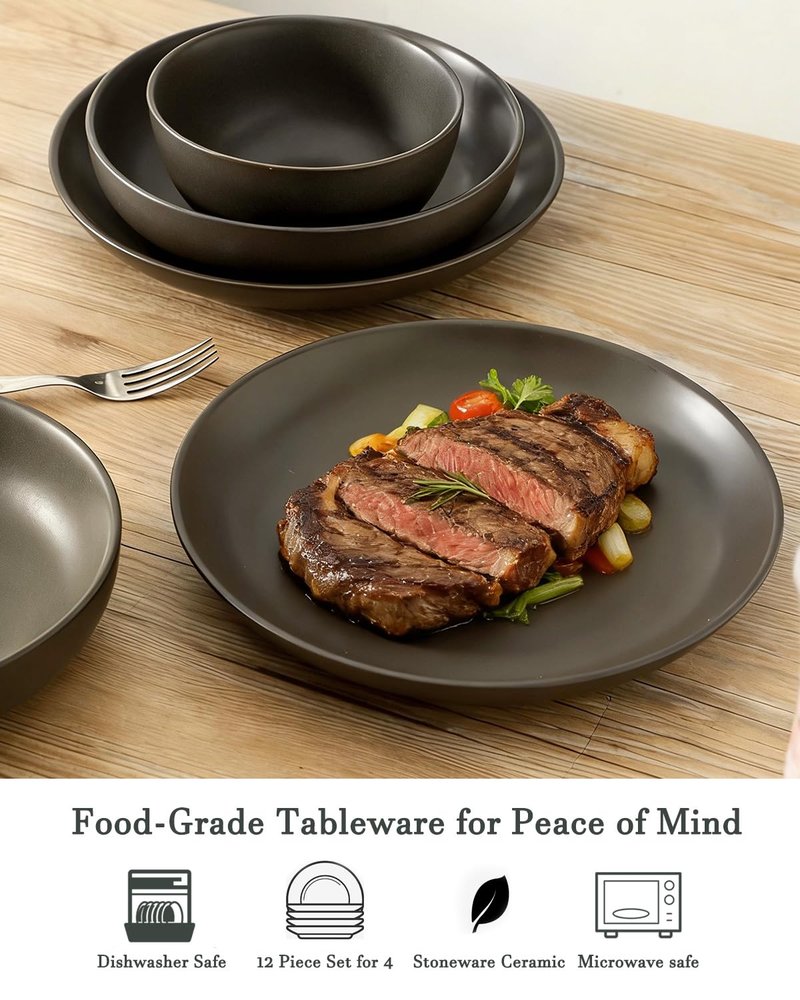Tikooere Plates and Bowls Sets, 12-Pieces Stoneware Dinnerware Set Ceramic, Matte Black Dishes Set for 4, Scratch Resistant, Microwave and Dishwasher Safe Tableware, Porcelain