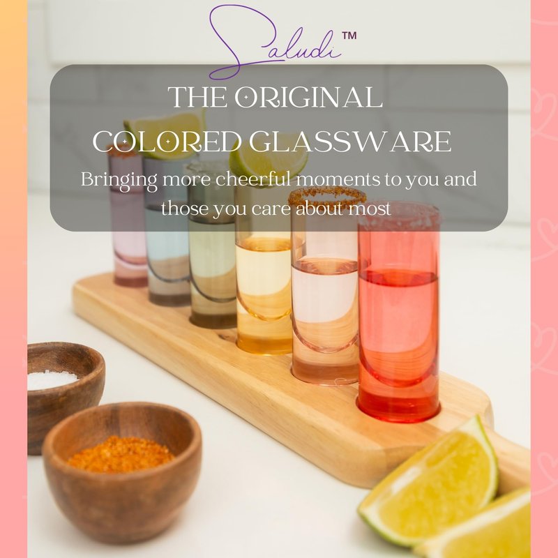 Saludi Colored Shot Glasses, 2oz (Set of 6) Multi-Color Glass with Wood Paddle - Luxury, Durable, Hand-Blown, Cute, Cool, Pink, Christmas, Rainbow, Unique, Tequila