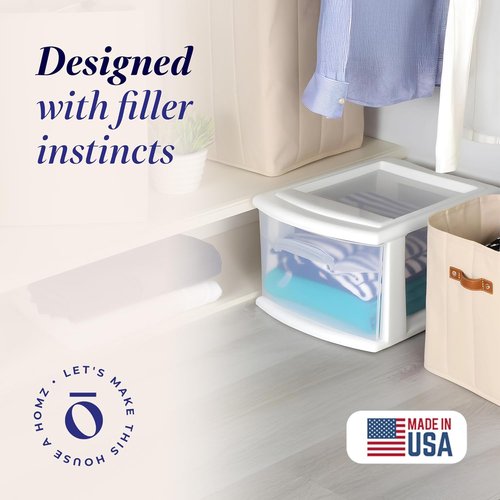 HOMZ 2-Pack Clear Plastic Storage Cart - 1-Drawer Organizers for Home, Bathroom, Office | 14.25" Wide, White Frame