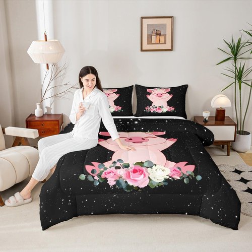 Erosebridal Pink Pig Comforter Set for Girls Kawaii Room Decor Queen, Rose Floral Leaf Duvet Insert for Kids Boys Children Cute Farm Animal Quilt Cartoom Style Soft Lightweight Bedding Set 3 Pieces