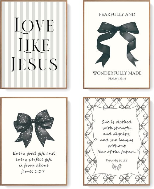 LARTSFRO Coquette Black Bow Wall Art - Inspirational Christian Decor for Teen Girls | 12x16 Inch Set of 4 Unframed
