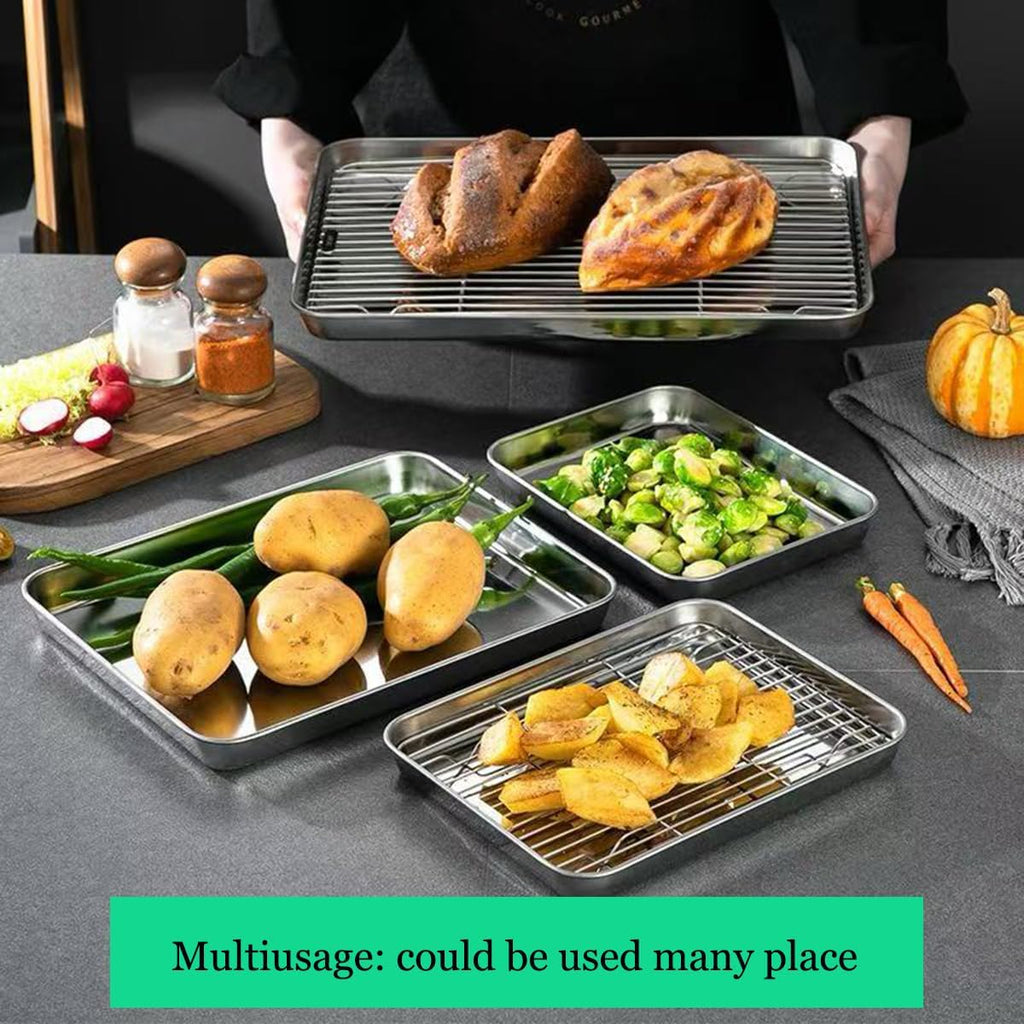 Skiennix Extra Small Serving Trays Set - Stainless Steel 304 Baking Sheet Pans with Cooling Racks | 9.3 x 6.9 Inch, Dishwasher Safe for 1-2 People