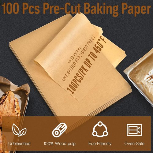 Kovpnor Unbleached Parchment Paper Sheets - 100 Pcs Precut Non-Stick Baking Sheets | 9x13 In for Grilling & Air Frying
