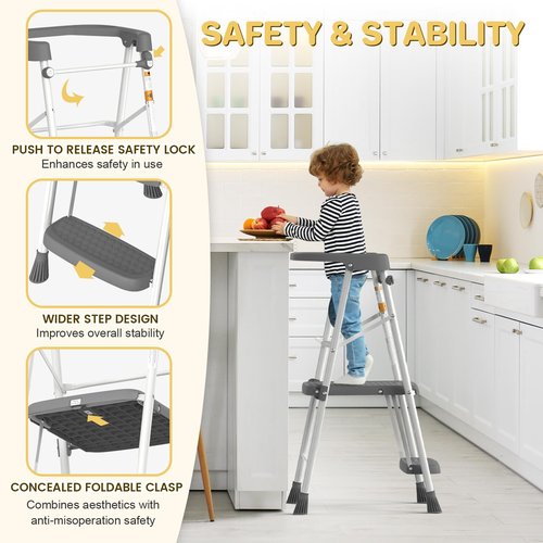 HBTower Kids 2 Steps Step Stool, Toddler Tower for Kitchen Counter Learning, Toddler Kitchen Stool Helper with Anti-Drop Safty Railing Kids Standing Folding Stepper(Gray)