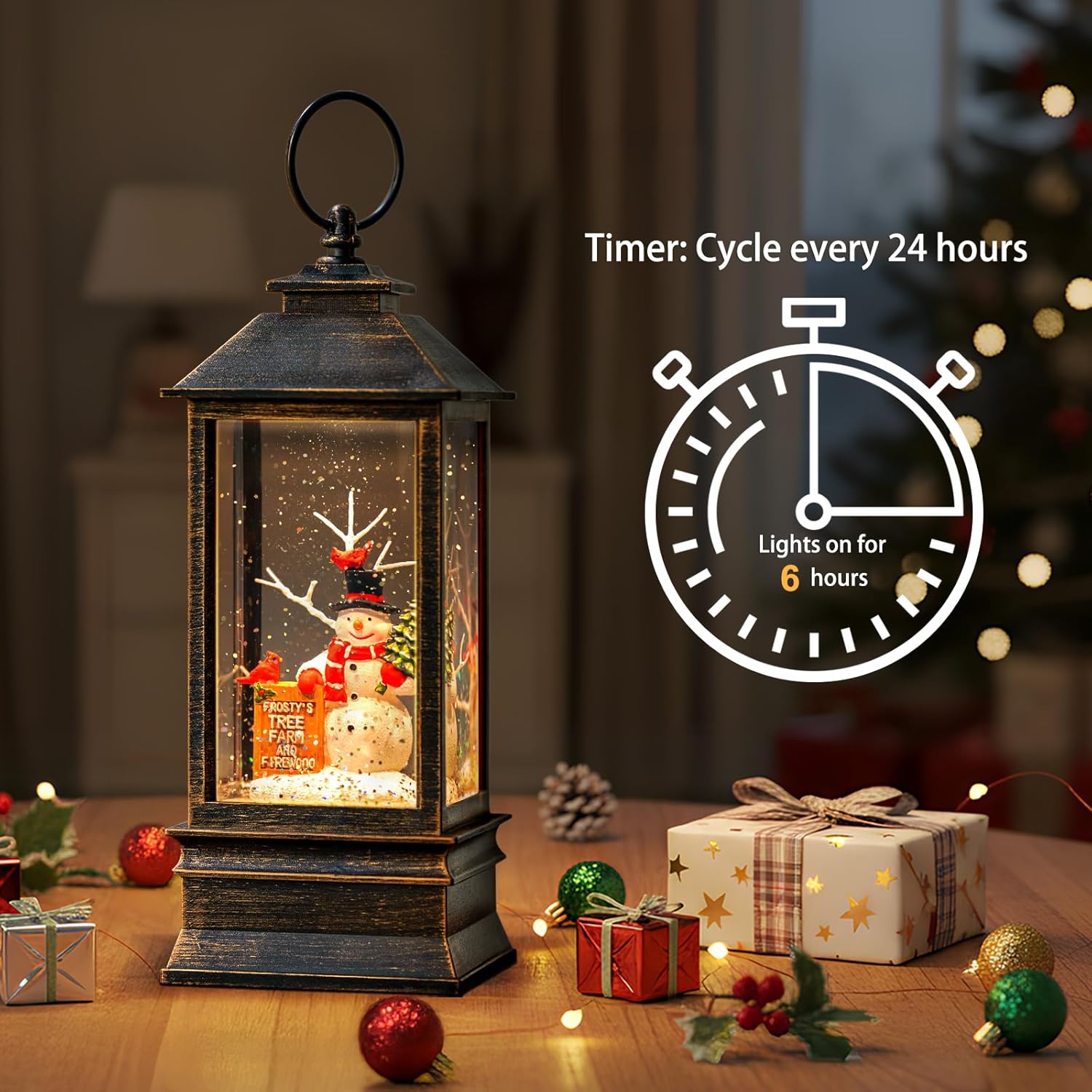 Skiennix Christmas Snow Globe Lantern - Musical Snowman & Tree Scene | Lighted USB/Battery Operated