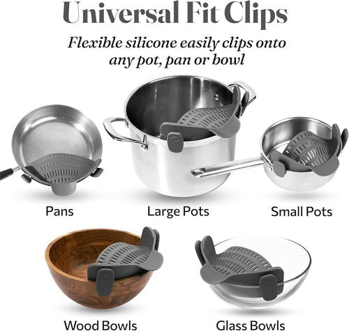 Clip On Strainer Silicone for All Pots and Pans, Pasta Strainer Clip on Food Strainer for Meat Vegetables Fruit Silicone Kitchen Colander (Grey)