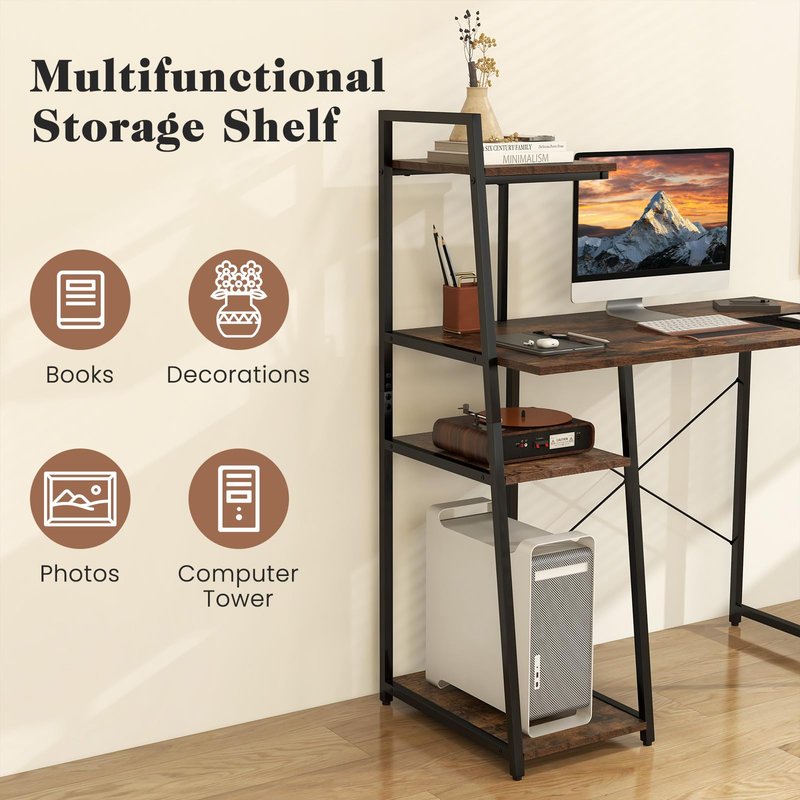 Tangkula Computer Desk with Shelves, Space Saving Home Office Desk with 3-Tier Ladder Shaped Storage Bookshelf, Modern Writing Study Desk with Metal Frame, Compact Computer Workstation (Rustic Brown)