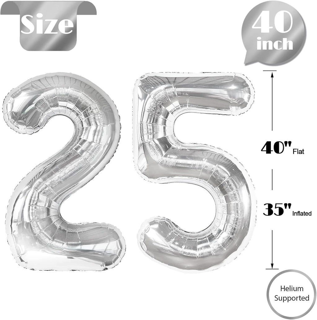 Silver Number 25 Balloon - 40 Inch Metallic 25th Birthday Decoration for Men & Women