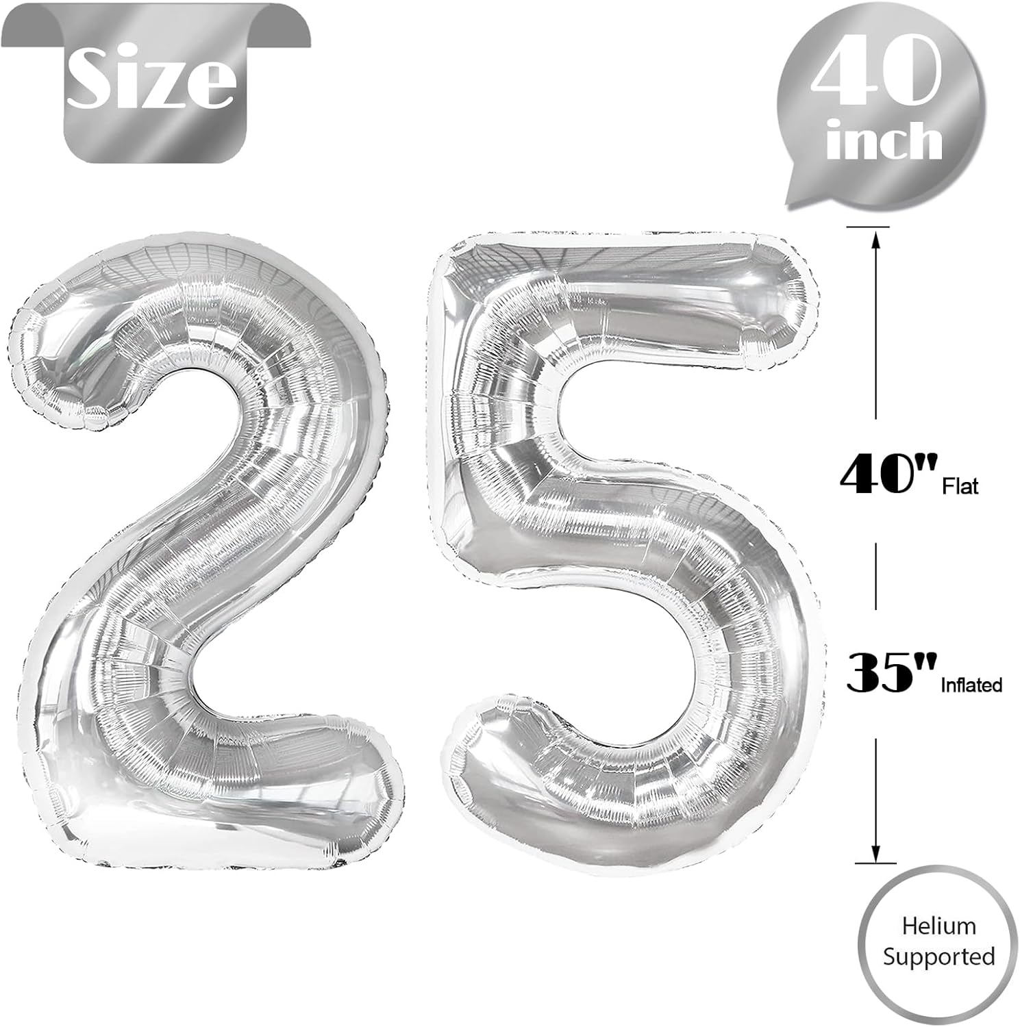 Silver Number 25 Balloon - 40 Inch Metallic 25th Birthday Decoration for Men & Women
