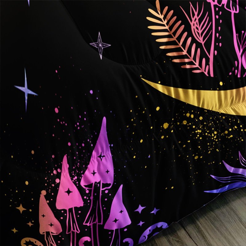 Axolotl Sun and Moon Bedding Set Queen Size,Mushroom Comforter,3Pcs Boho Exotic Bed Set,Bohemian Bedding,Cosmic Planets Astrology Comforter for Adults Women Teens,1 Quilt 2 Pillowcases,Black