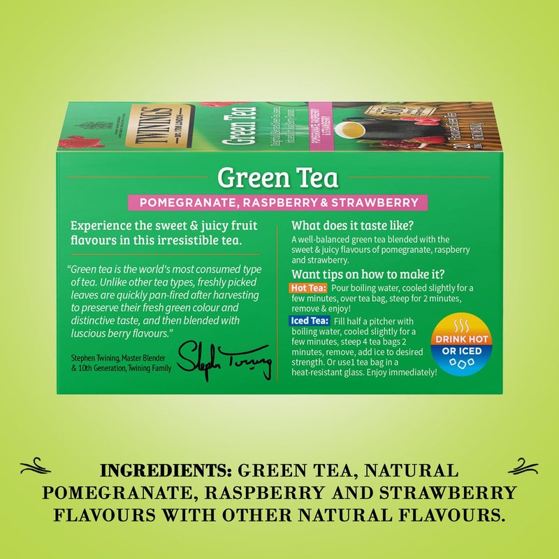 Twinings Green Tea with Pomegranate, Raspberry, and Strawberry - Caffeinated Green Tea Bags Individually Wrapped, 20 Count (Pack of 2) 
