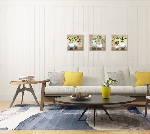 3 Piece Wall Art for Living Room, SZ Elegant Canvas Painting Prints of Green Spring Plants in White Vases on Beige/Tan Picture (Waterproof Decor, 1" Thick, Bracket Mounted Ready to Hang, Large)