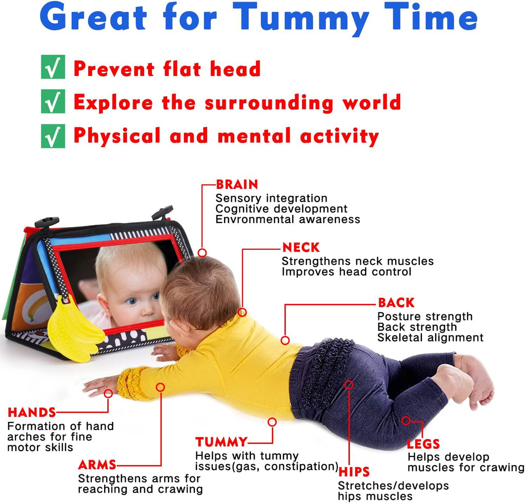 Skiennix Tummy Time Baby Mirror - High Contrast Sensory Toy for Newborns 0-3 Months | Includes Crinkle Cloth Book & Teether