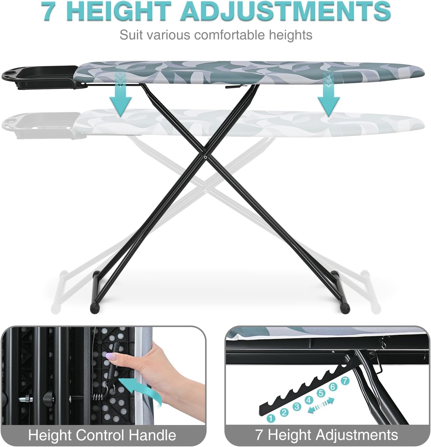APEXCHASER Full-Size Foldable Ironing Board - Heat Resistant Cover & 7-Lever Height Adjustment | Blue 14x54