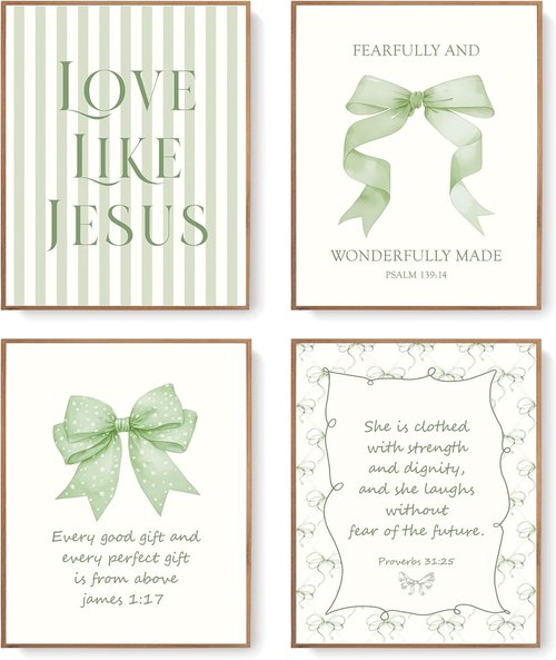 LARTSFRO Coquette Sage Green Bow Wall Art Decor - Inspirational Bible Verses | Set of 4 Unframed 8x10 Inch Prints