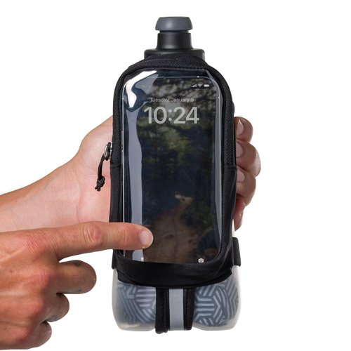 Nathan SpeedDraw 2 Insulated Handheld Running Water Bottle Flask 18oz – Double-Wall Insulation, Ergonomic Grip, Blast Valve Cap, Phone & Key Storage Pockets, Reflective Design