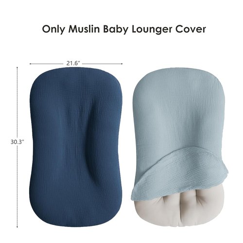 MairMore Muslin Baby Cover - Soft & Breathable 100% Cotton Lounger Slipcover | Neutral, Pack of 2 (Dark Blue)