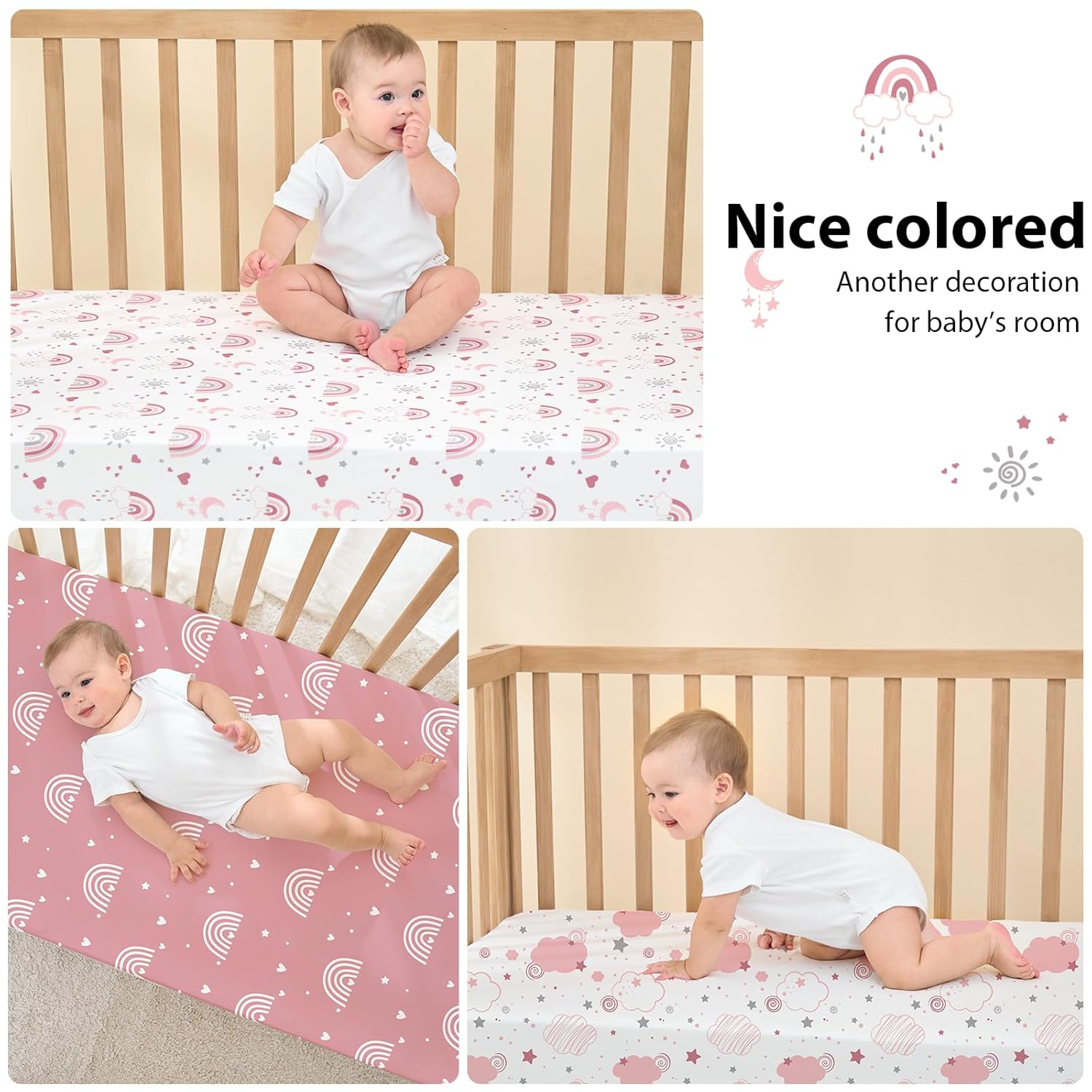 Skiennix Baby Crib Sheets - Super Soft Microfiber Fitted Toddler Bed Sheets | 3 Pack, Pink Rainbow, 52”x28”