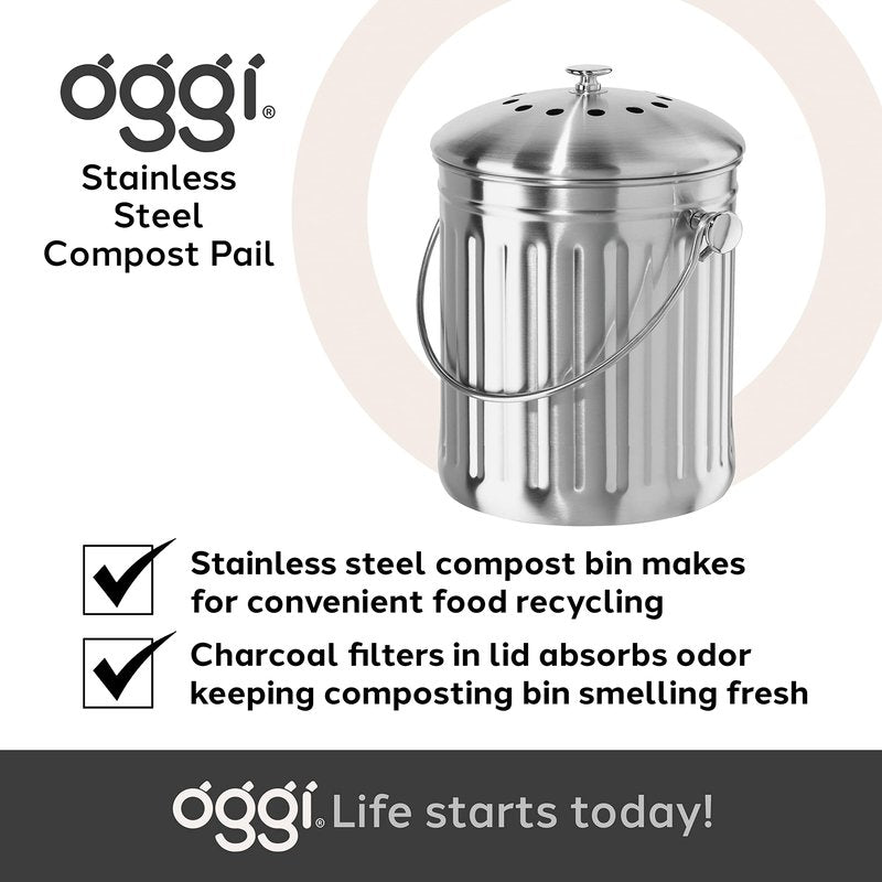 OGGI Countertop Compost Bin with Lid-1 Gallon Indoor Compost Bin w/Charcoal Filter, Stainless Steel Compost Container, Ideal Kitchen Compost Pail, Eco Friendly Products