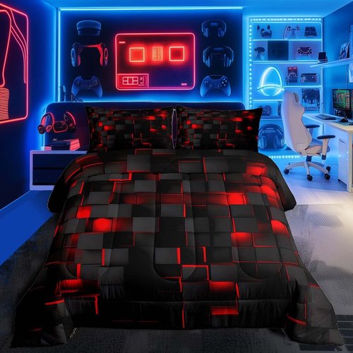 Feelyou Red and Black Bedding Set Queen Size Light Geometric Comforter Set for Kids Boys Girls Decor Comforter Modern Duvet Set