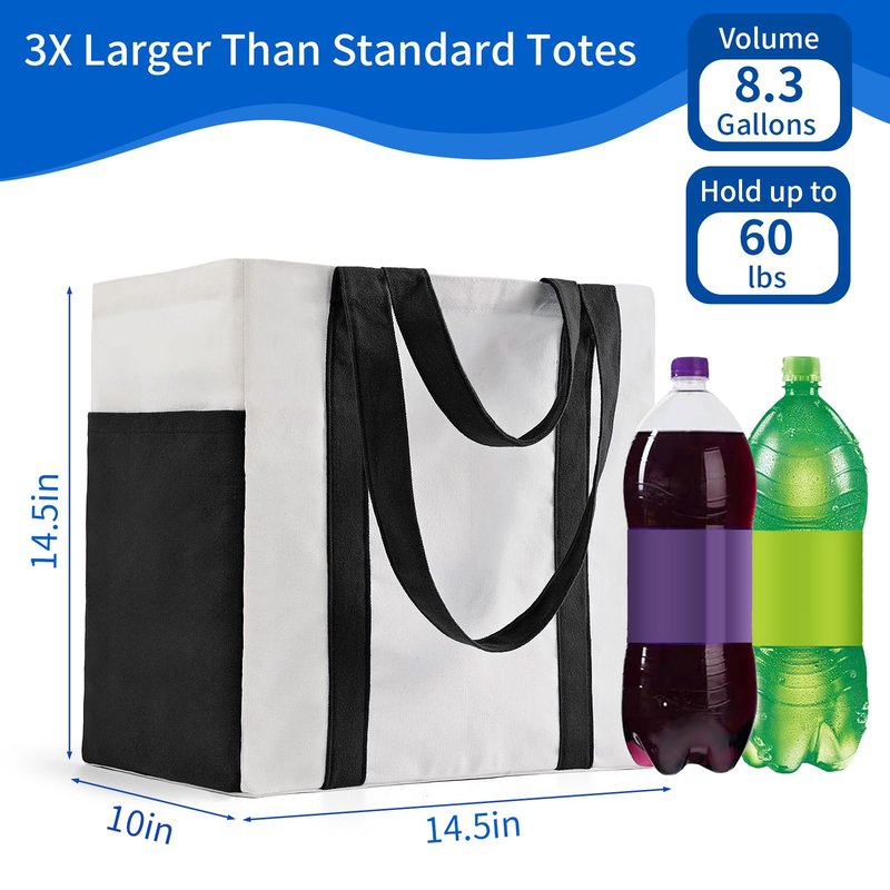 Canvas Grocery Shopping Bags, KIDJFGG Heavy Duty Cotton Canvas Totes with Reinforced Handles, Large Reusable Bag with Bottle Sleeves & Side Pockets, Foldable, Sublimation Bag for Picnic/Beach (3 Pack)