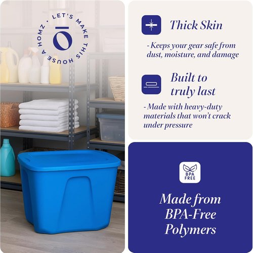 HOMZ 10 Gallon Durable Molded Storage Bins - Stackable Plastic Containers with Lids, Blue | 4-Pack for Home Organization