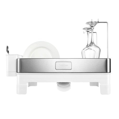 happimess DSH1003B Simple 20.5' Fingerprint-Proof Stainless Steel Dish Drying Rack, Dish Rack with Swivel Spout Tray and Wine Glass Holder, Utensil Holder, Stainless Steel/White, Silver/White