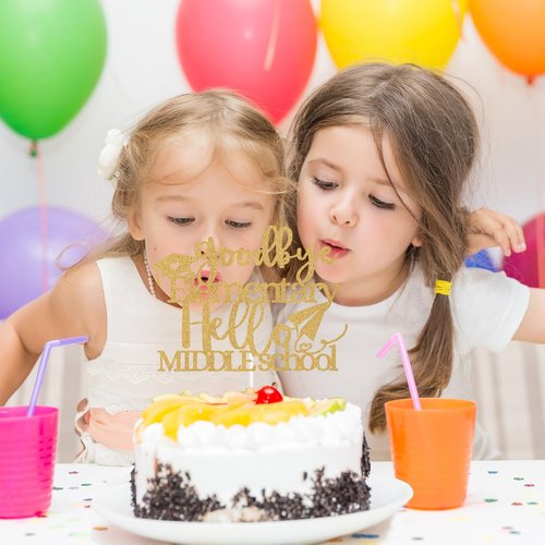 Goodbye Elementary Cake Topper - 5th Grade Graduation Decor for Middle School | Gold Glitter Design