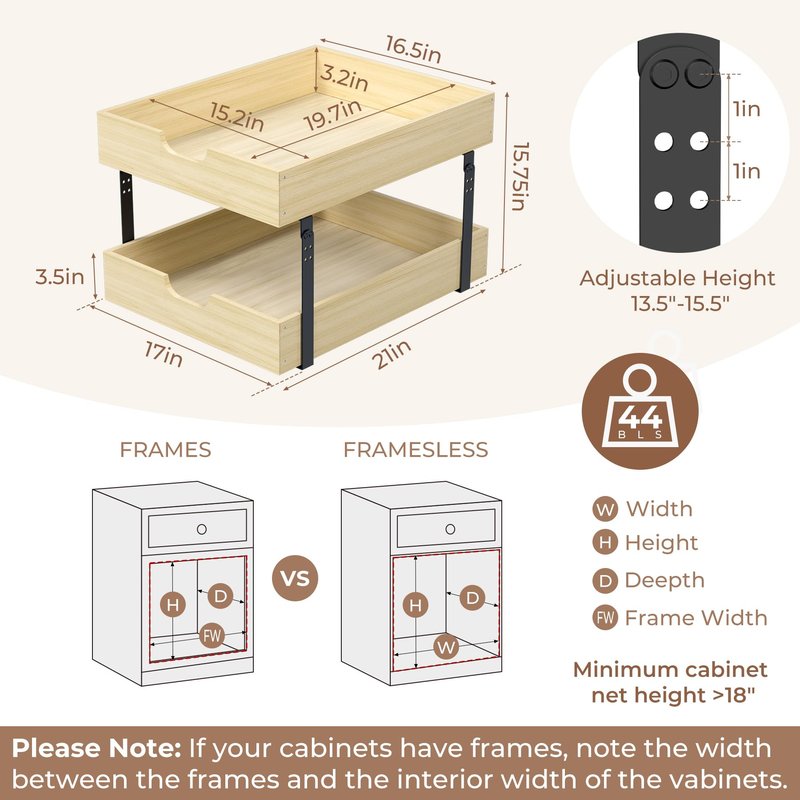 COOLBEBE Pull Out Drawer Organizer for Cabinets, 2 Tier Soft Close Cabinet Drawers Slide Out, 2 Layer Wood Double Tier Pull Out Shelves for Kitchen, Pantry, Bathroom