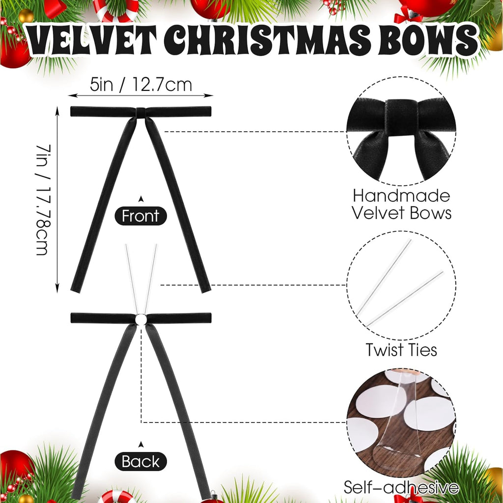 Skiennix Velvet Christmas Bows - 30 Pre-Tied Decorative Bows for Tree & Gift Packaging | Black, 5 x 7 Inch