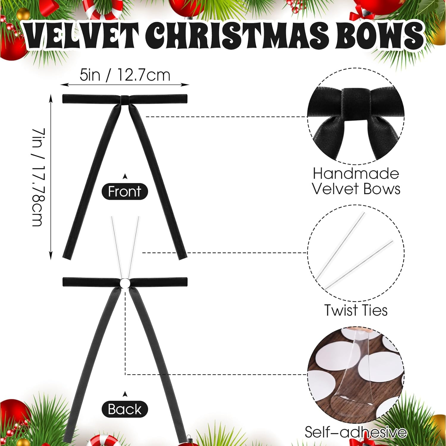 Skiennix Velvet Christmas Bows - 30 Pre-Tied Decorative Bows for Tree & Gift Packaging | Black, 5 x 7 Inch
