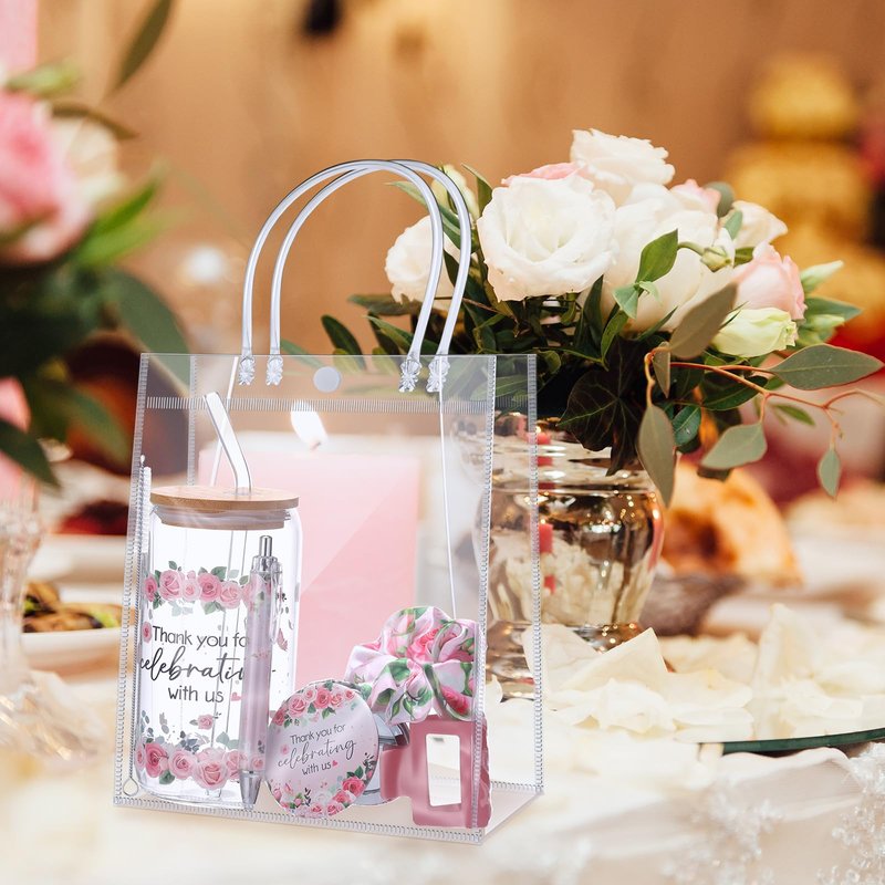 Boao 6 Set Baby Shower Game Prizes for Player Winners Tumblers with Lids Straws Mirrors Hair Scrunchies Pens Hair Clips Gift Bags for Baby Bridal Shower Wedding Game Favors(Pink Flower)