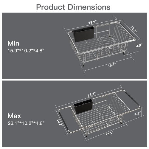 Over the Sink Expandable Dish Drainer Drying Rack In Stainless Steel for Small Kitchen, Counter Space Saving Modern Compact Metal Above Plate Dryer Strainer, Adjustable Hanging Inside Drain Holder