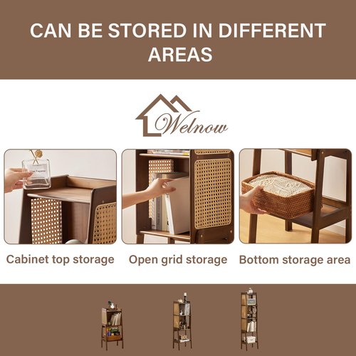 Welnow Bamboo Rattan Bookcase with Cabinet, 1-Tier Storage Shelf with Side Table & End Table Function, Large Modern Wood Organizer for Living Room or Bedroom, Walnut Bookshelf